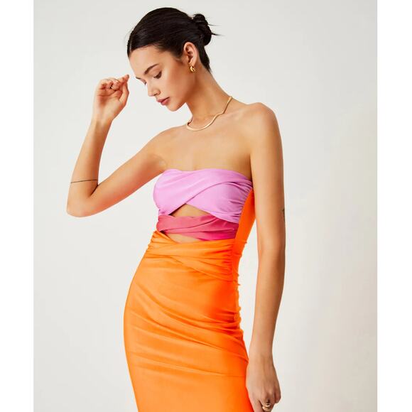 Strapless Color Block Cutout Twisted Midi Bodycon Dress | Size 4   | Commense - Picture 1 of 5